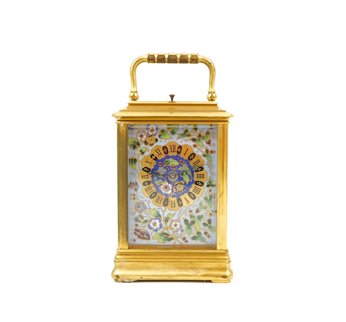 A late 19th century French Champlevé enamel repeating carriage clock